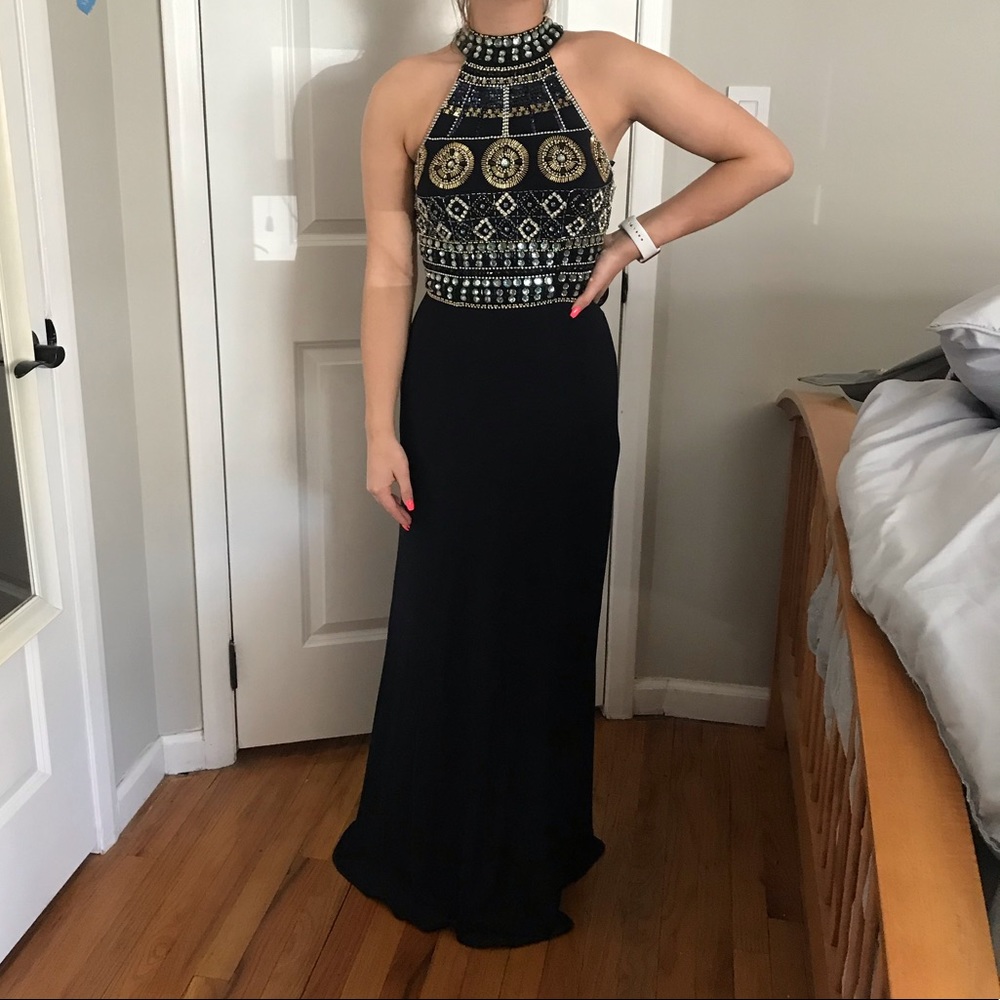 NAVY BLUE BEADED PROM DRESS